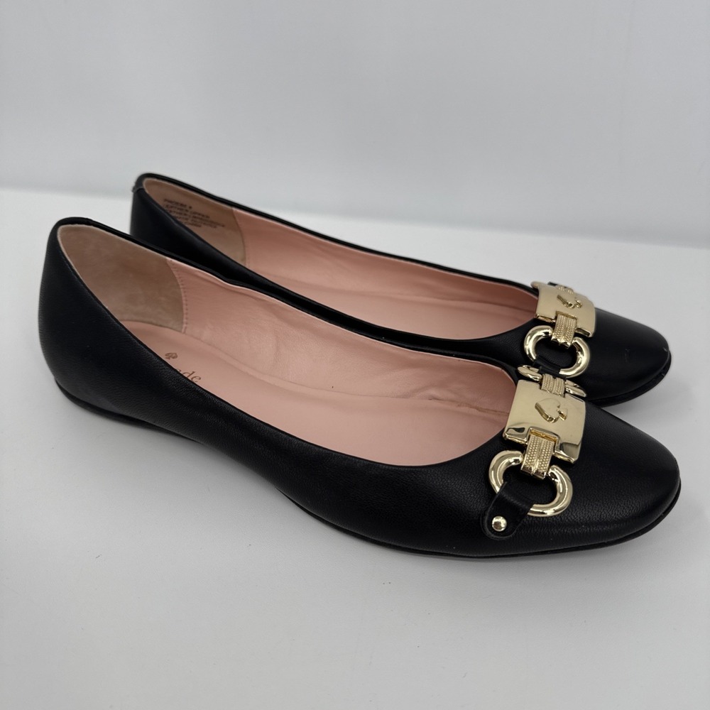 Kate Spade New York Phoebe Black Leather Gold Logo Ballet Flats 8 City Preppy - Picture 2 of 12